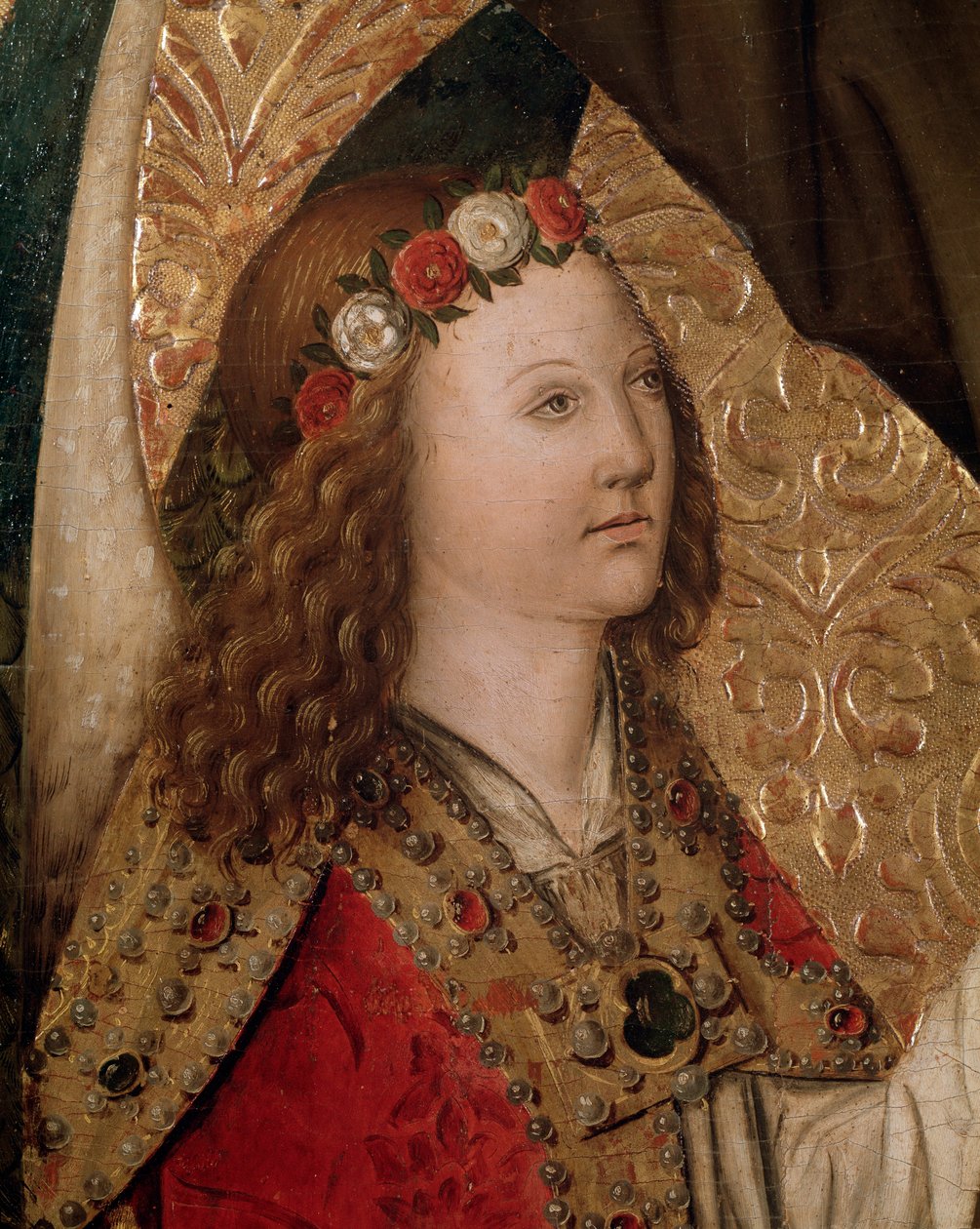 Um anjo, detalhe do retábulo de São Bernardino de Siena (óleo sobre painel de Rafael & Figuera Joan (active c.1454 1477) Tomas
