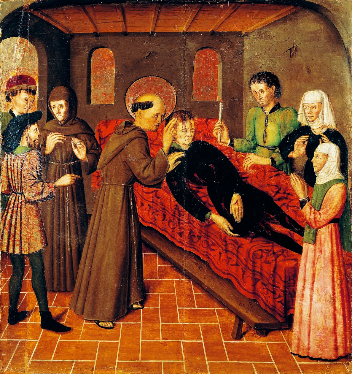 Ressurreição do homem que morreu das suas feridas, detalhe do painel do lado esquerdo de São Bernardo Altarpiece de Rafael Tomas (activo 1455-1479), predella de Joan Figuera (activo de 1454-died 1477 ou 1479), tempera no painel, 398, 9x253 cm de Rafael & Figuera Joan (active c.1454 1477) Tomas