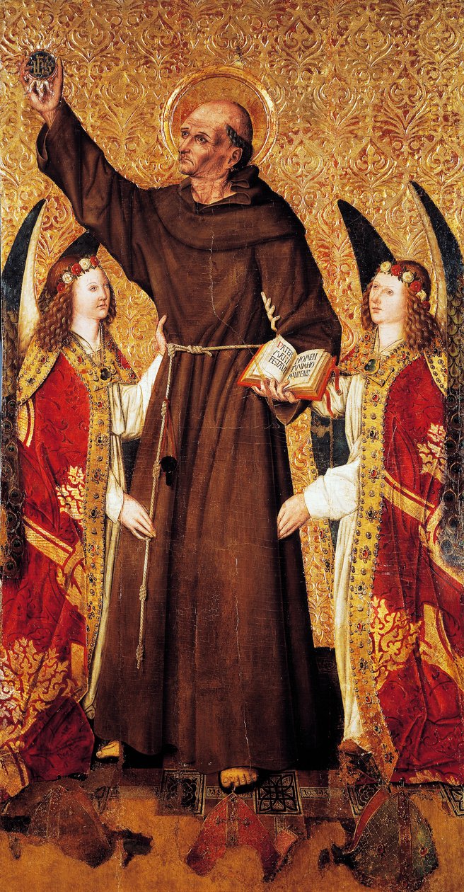 São Bernardo e anjos, painel central de São Bernardo Altarpiece de Rafael Tomas (activo 1455-1479), predella de Joan Figuera (activo de 1454-died 1477 ou 1479), tempera no painel, 398, 9x253 cm de Rafael & Figuera Joan (active c.1454 1477) Tomas