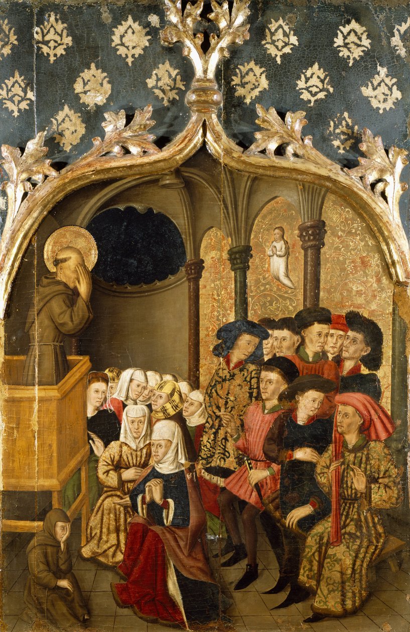 Visão durante o sermão, detalhe do painel do lado esquerdo de São Bernardo Altarpiece de Rafael Tomas (activo 1455-1479), predella de Joan Figuera (activo de 1454-died 1477 ou 1479), tempera no painel, 398, 9x253 cm de Rafael & Figuera Joan (active c.1454 1477) Tomas
