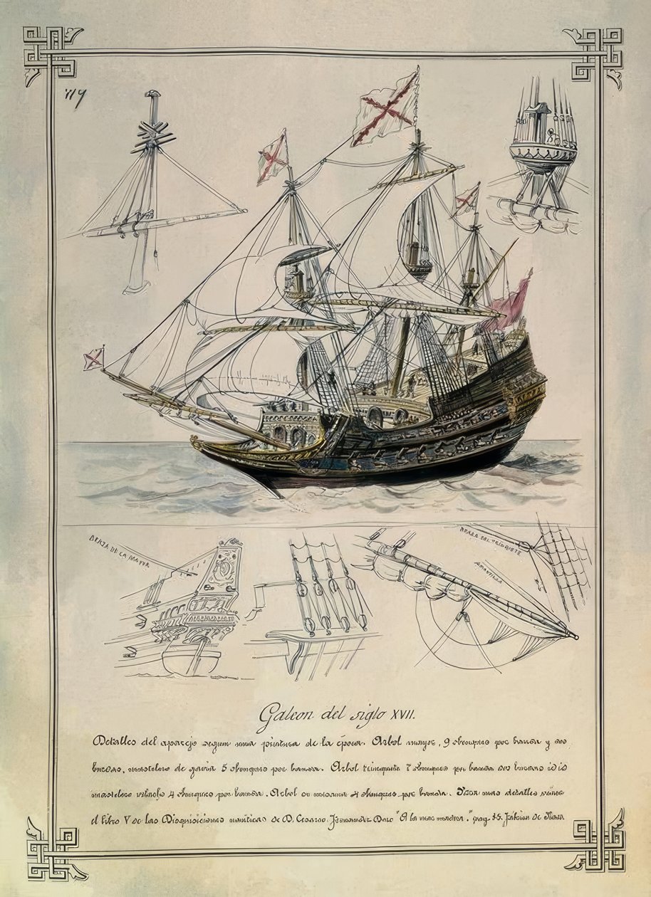 GALEÃO DO SÉCULO DEZESSETE NUM DESENHO DO SÉCULO DEZENOVE de Rafael Monleon y Torres