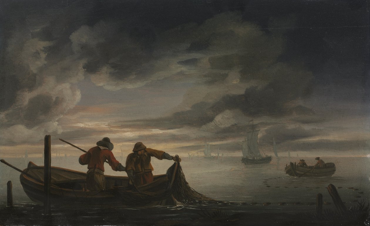 Cena de um estuário com pescador, segundo quartel de 1600 (óleo sobre madeira) de Rafel Govertsz Camphuysen