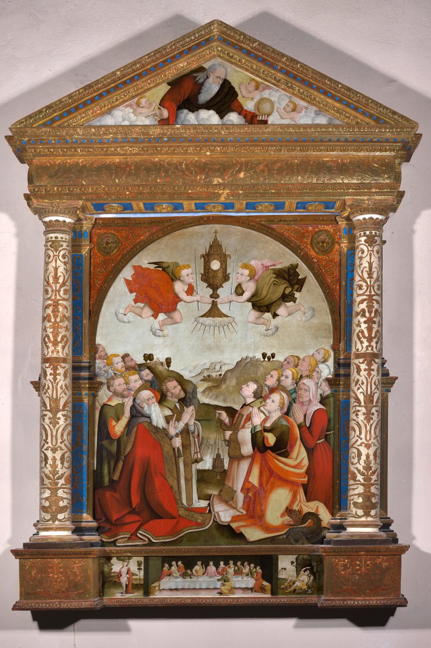 Retábulo da Adoração do Santíssimo Sacramento, na predela: A Última Ceia, São Sebastião e São Roque de Raffaele De (fl.1514 1573) Pancalino