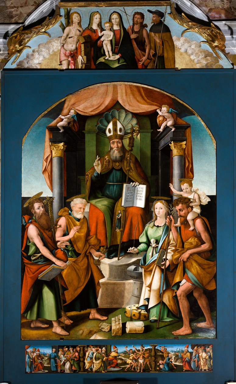 São Brás entronizado entre os santos Pedro, Paulo, Catarina de Alexandria e Cristóvão, retábulo central de Raffaele De (fl.1514 1573) Pancalino
