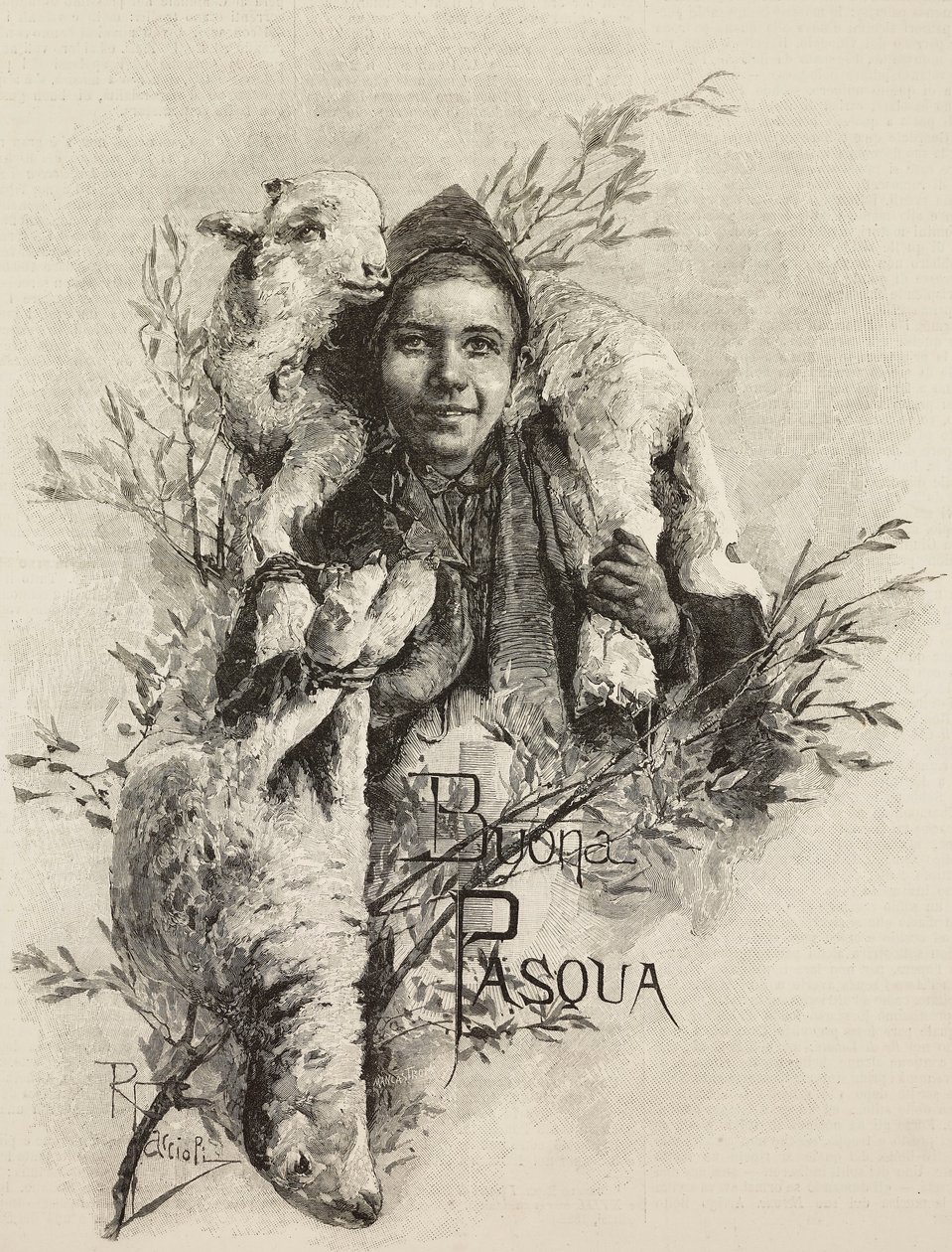 Feliz Páscoa, jovem com cordeiro nos ombros, gravura de pintura de Raffaele Faccioli (1836-1914), de L