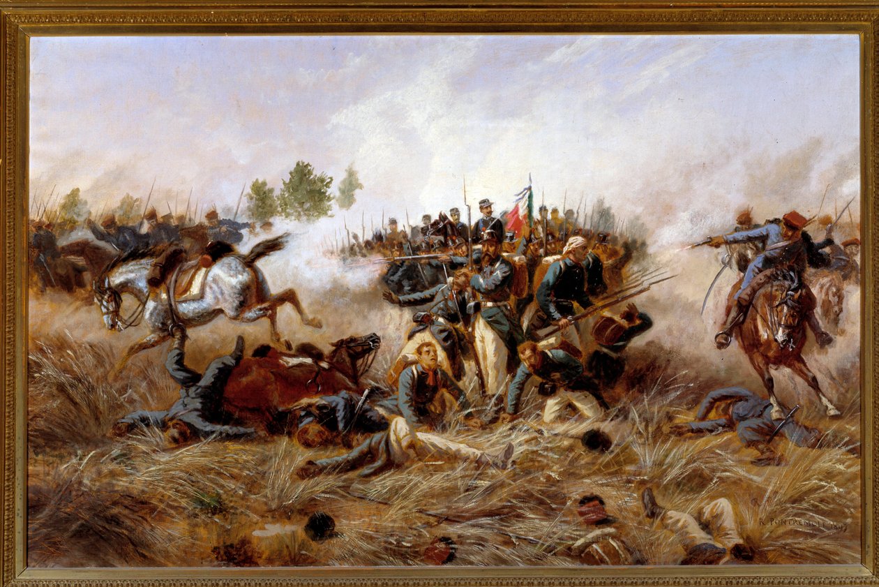 Risorgimento, Guerra Austro-Prussiana (Terceira Guerra da Independência Italiana): vista da Batalha de Custoza (Custozza) 24/06/1866 - (Terceira Guerra da Independência Italiana, Batalha de Custoza em 24 de Junho de 1866) Pintura de Raffaele Pontremoli (18 de Raffaele Pontremoli