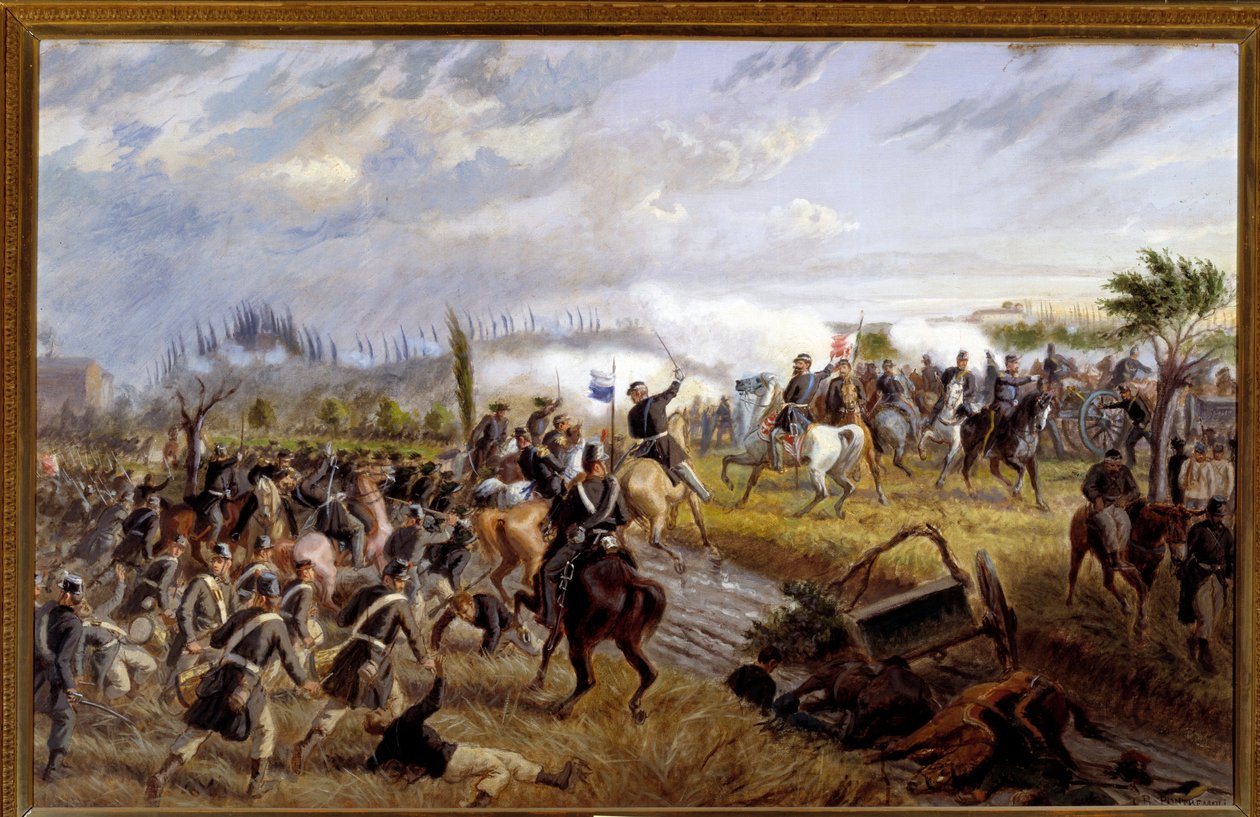 Risorgimento: “” A Batalha de San Martino”” Episódio da Batalha de Solferino o 24/06/1859 (Vista da Batalha de San Martino em 24 de junho de 1859) Pintura de Raffaele Pontremoli (1832-1905) 1897 Dim 136x86 cm Asti , Pinacoteca Cívica de Raffaele Pontremoli