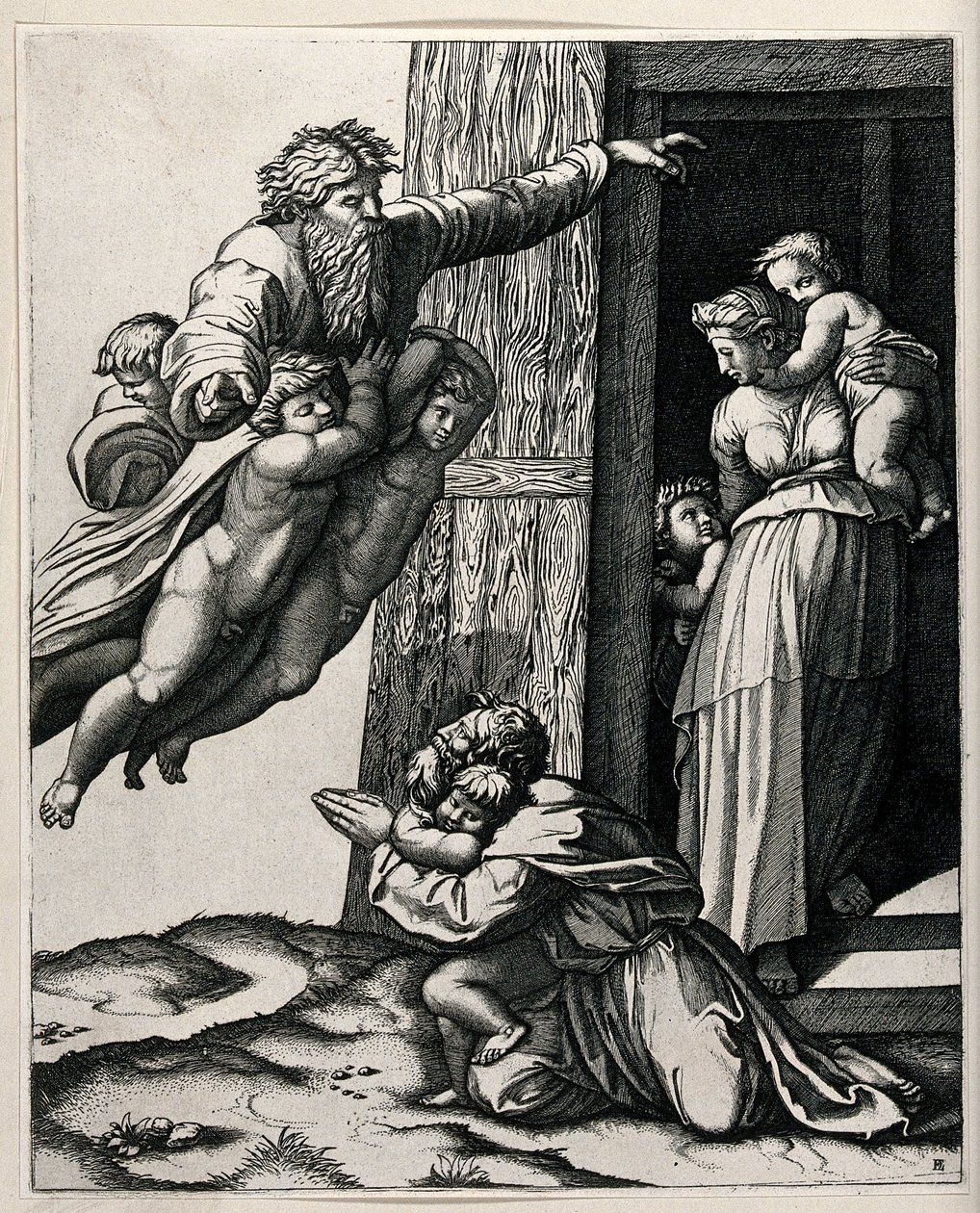 = Deus, apoiado por três anjos, aparecendo a Noé de Raffaello Sanzio Raphael