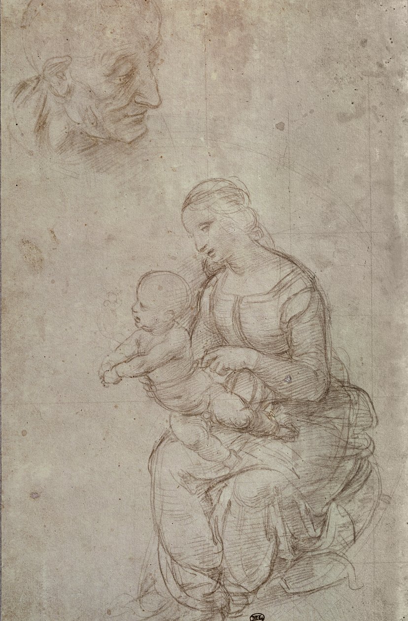 Madonna e criança e cabeça de um homem velho (ponto de metal em papel rosa pálido preparado) de Raffaello Sanzio Raphael