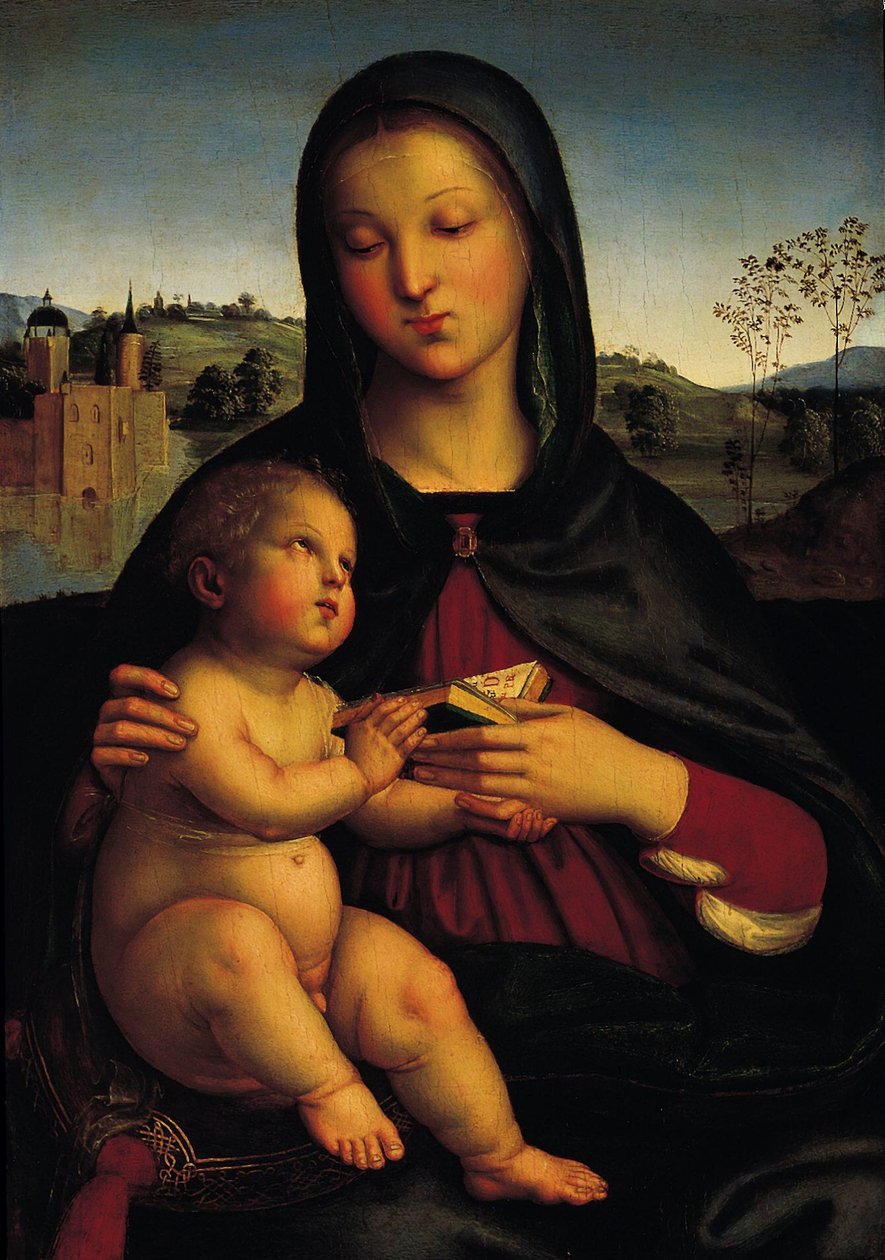 Madonna e criança com o livro de Raffaello Sanzio Raphael