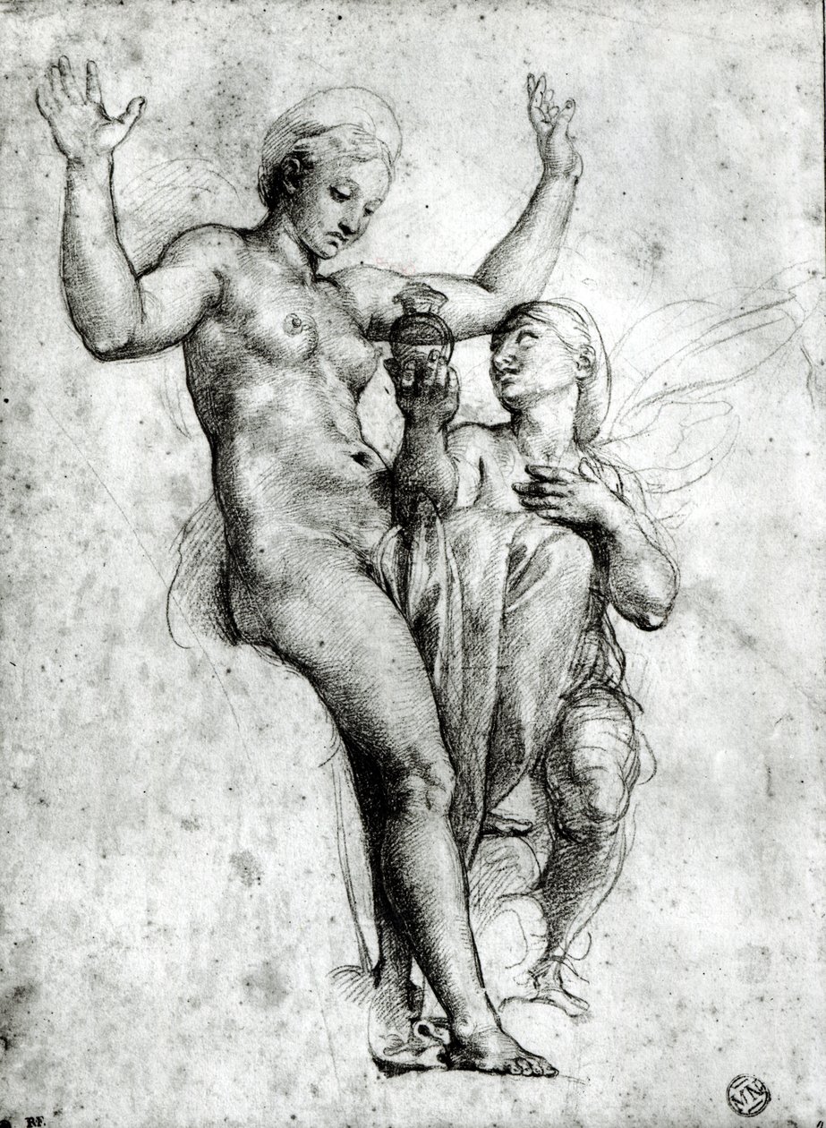Psique apresentando Vênus com água do Styx, 1517 (giz vermelho sobre papel) de Raffaello Sanzio Raphael