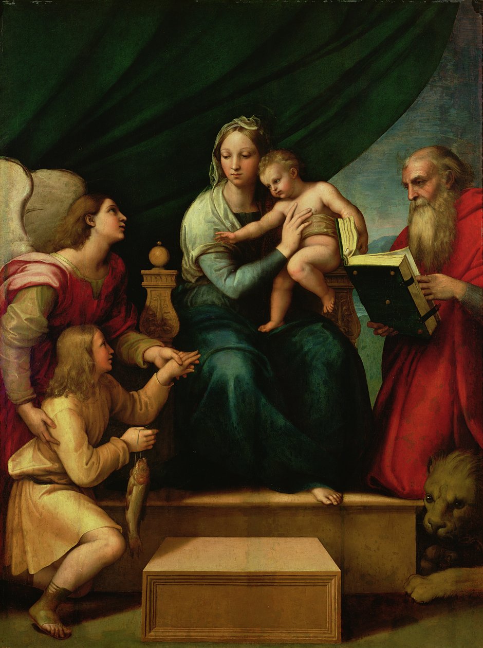 A Madonna dos Peixes (A Madonna com o Arcanjo Gabriel e São Jerônimo) c.1513 de Raffaello Sanzio Raphael