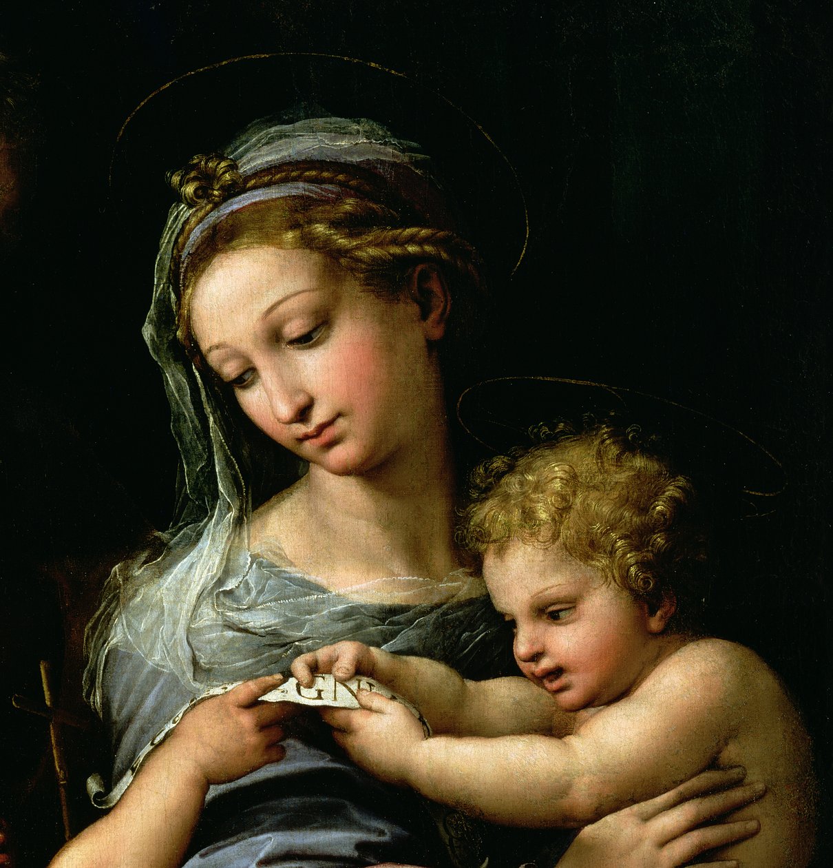 A Virgem da Rosa, c.1518 (detalhe de 3423) de Raffaello Sanzio Raphael