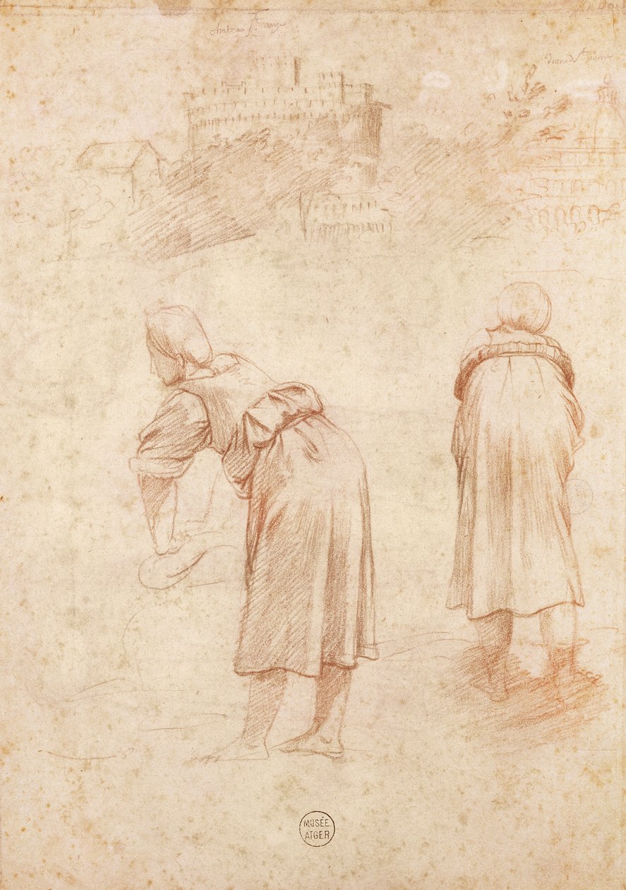 Lavadeiras nas margens do Tibre e Estudos do Chateau Saint-Ange (giz vermelho sobre papel) de Raffaello Sanzio Raphael