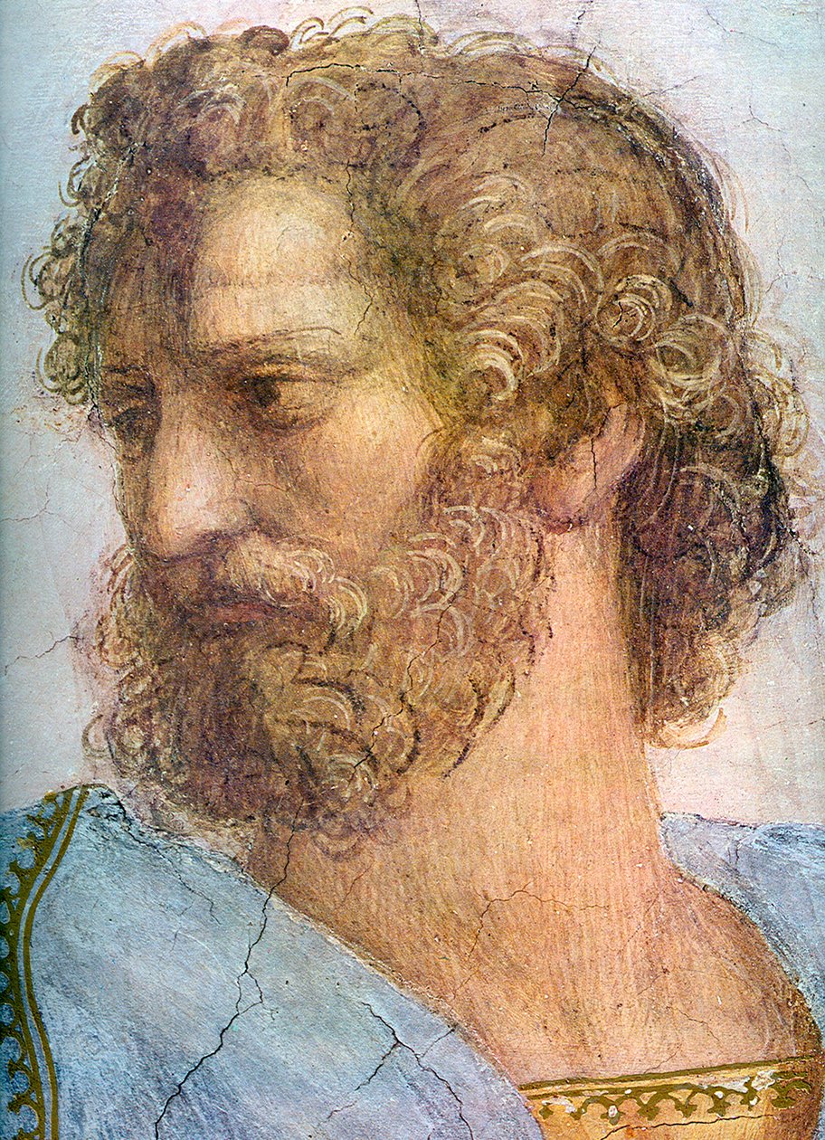 Aristóteles. Stanza della Segnatura. Detalhe da Escola de Atenas, 1509-1511 de Raffaello Sanzio Raphael