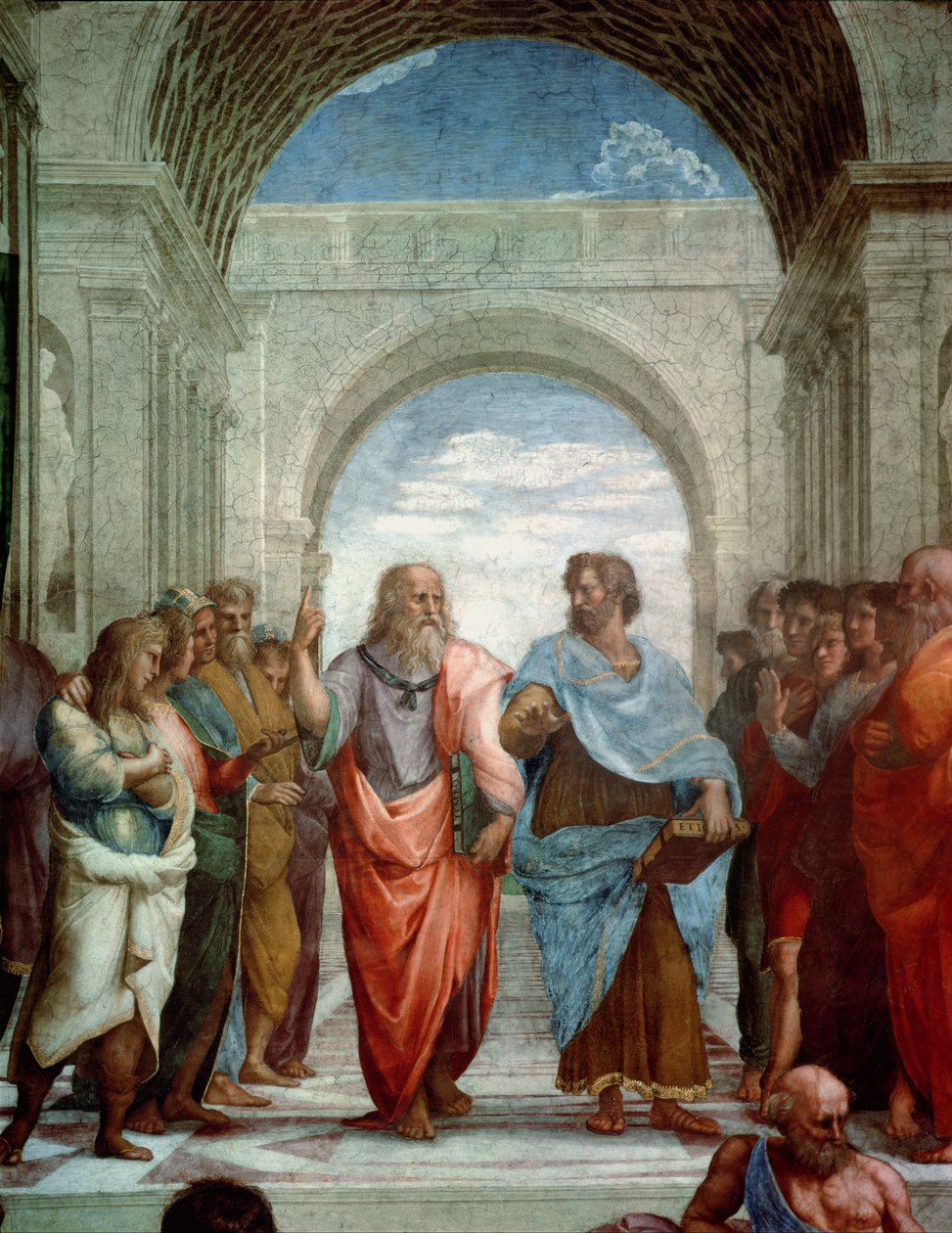 Aristóteles e Platão: detalhe da Escola de Atenas na Stanza della Segnatura, detalhe afresco 1510-11 de 472 de Raffaello Sanzio Raphael