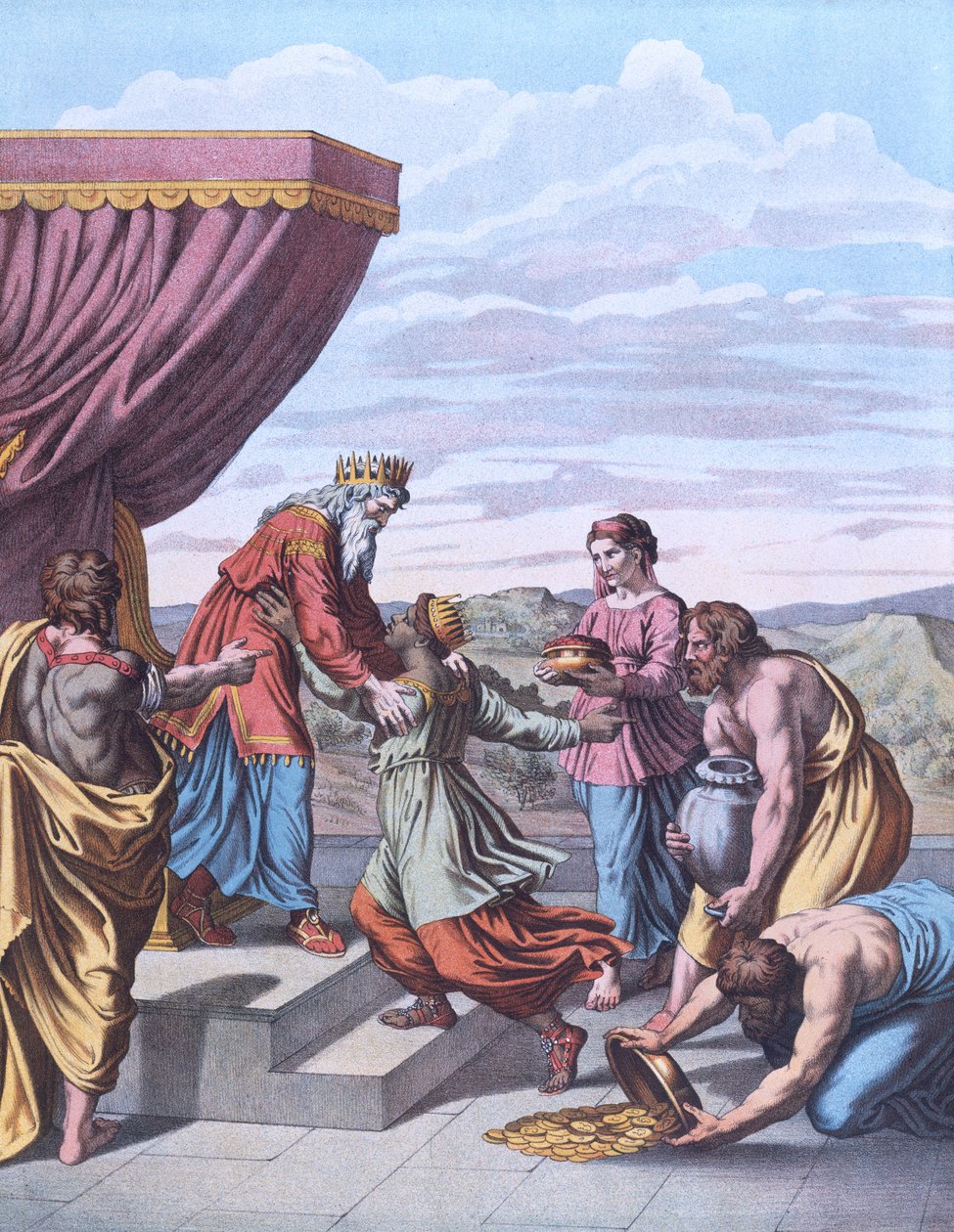 Rei Salomão recebe a Rainha de Sabá, ilustração de &39;Ensinando os Olhos da História Sagrada&39; de Raffaello Sanzio Raphael