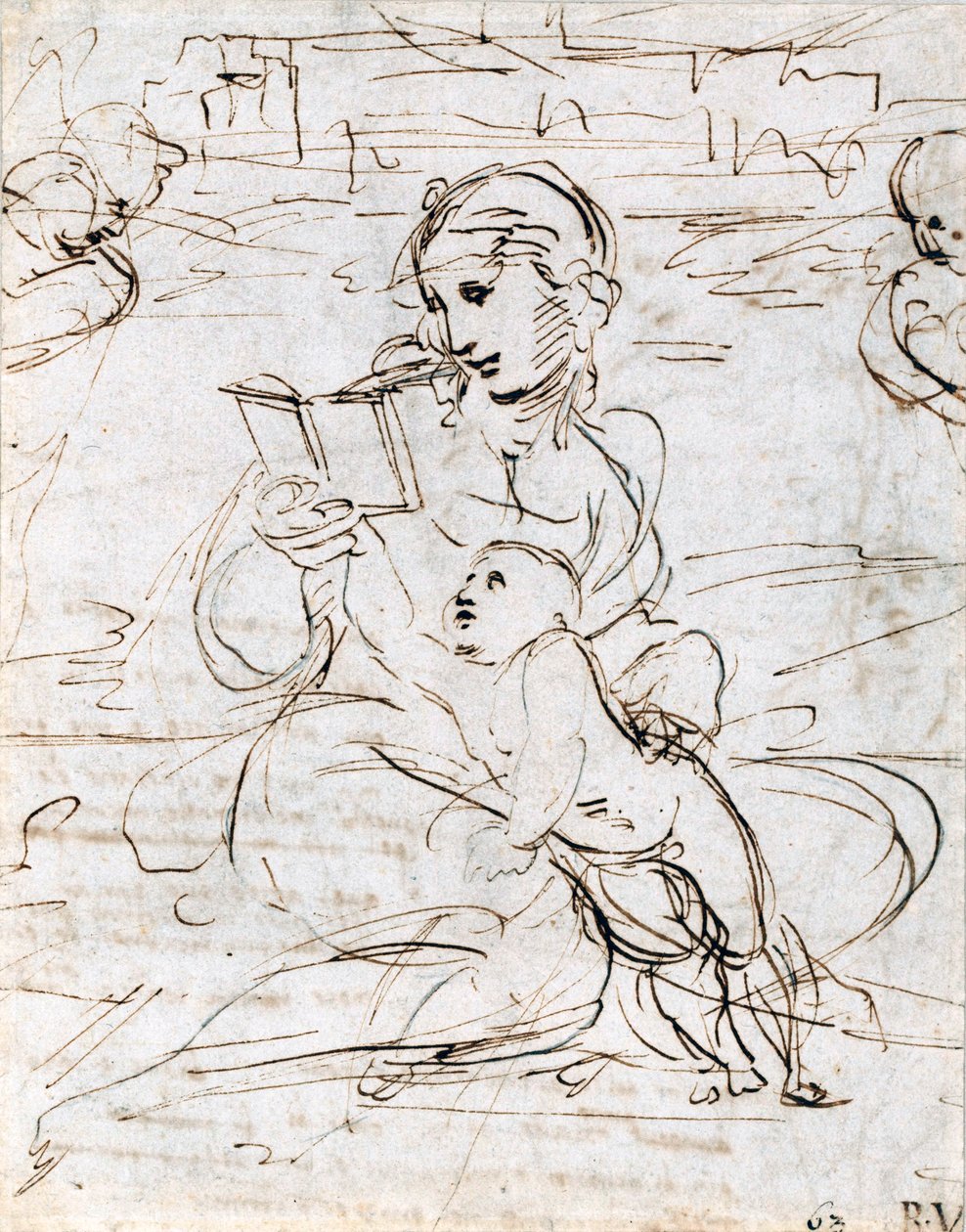Lendo Madonna e Criança em uma Paisagem entre duas Cabeças de Querubim, 1509 de Raffaello Sanzio Raphael