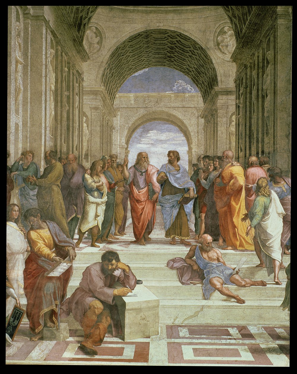 Escola de Atenas, detalhe do centro mostrando várias figuras, incluindo Platão, Aristóteles, Michelangelo como Heráclito e Diógenes, detalhe afresco 1510-11 de 472 de Raffaello Sanzio Raphael