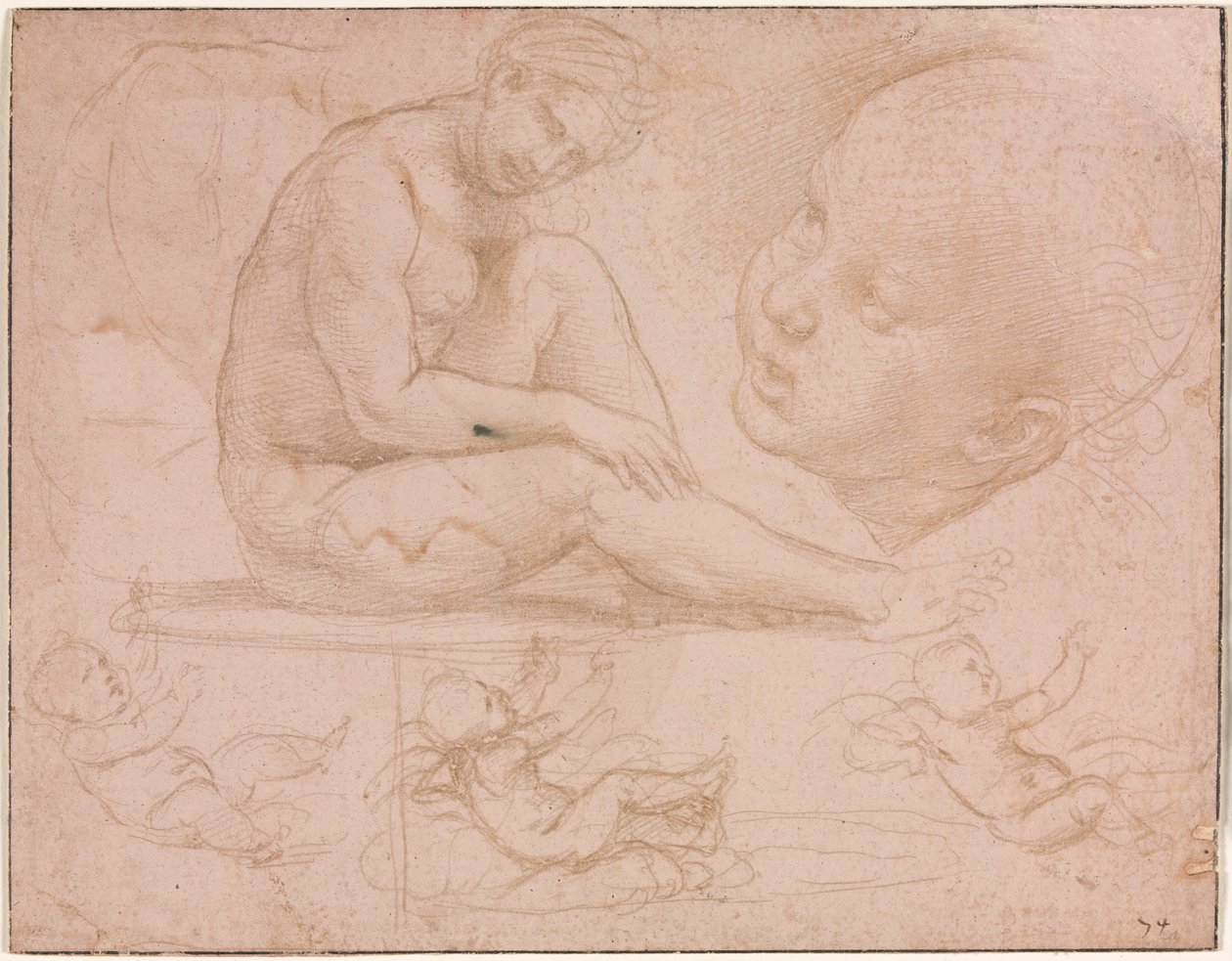 Estudos de uma mulher sentada, cabeça de criança e três estudos de um bebê, c. 1507-8. de Raffaello Sanzio Raphael