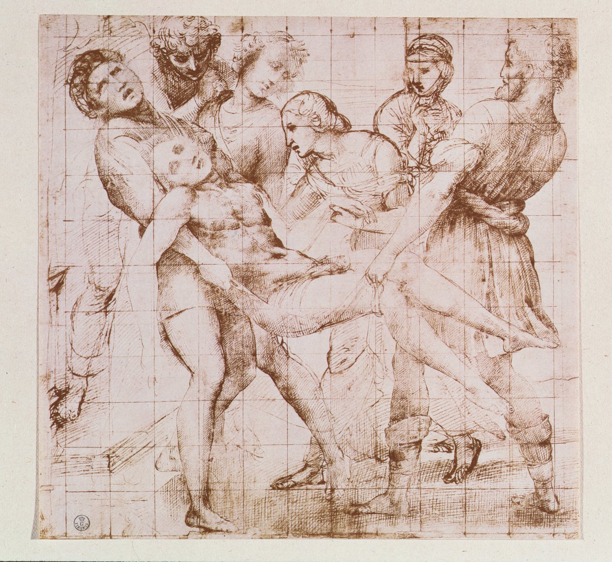 Estudo para o &39;Entombment&39; na Galleria Borghese, Roma (caneta e tinta) (ver também 62308) de Raffaello Sanzio Raphael