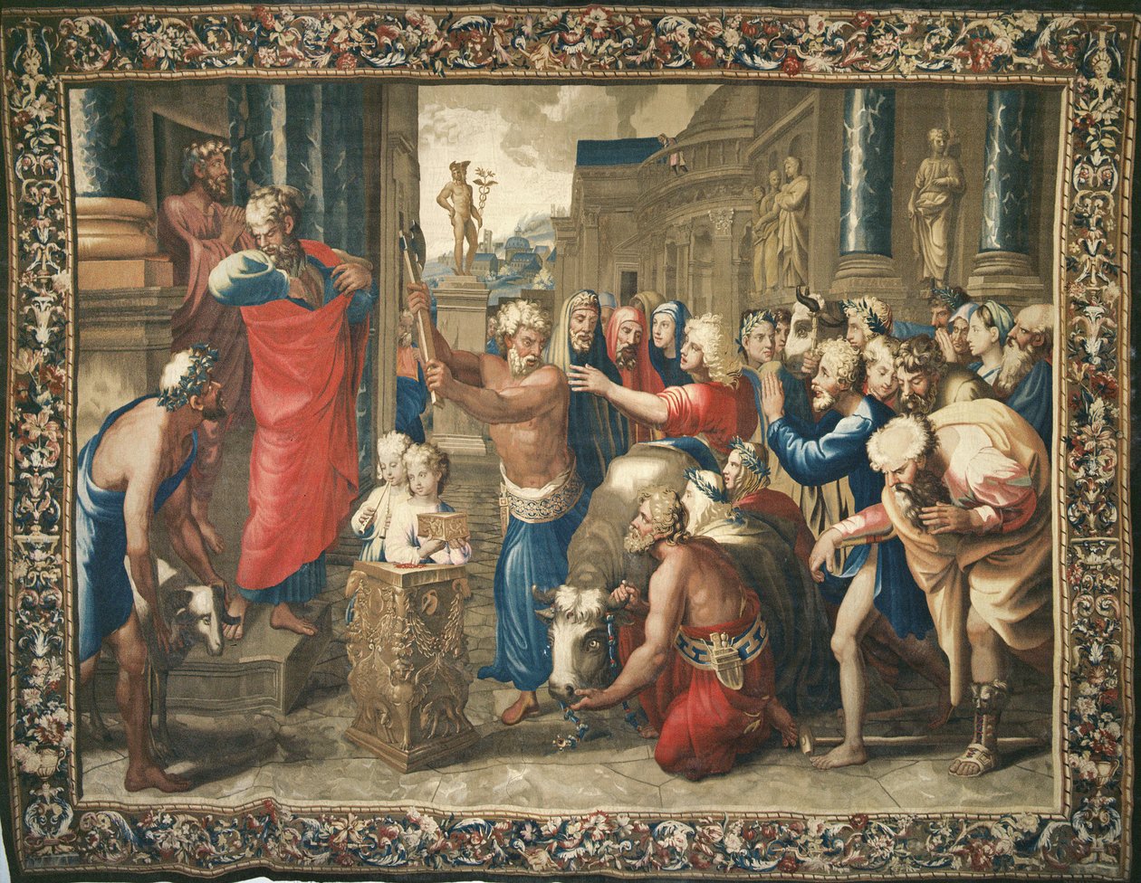 Tapeçaria representando os Atos dos Apóstolos, o Sacrifício de Listra, tecido na Oficina de Beauvais sob a direção de Philippe Behagle (1641-1705), 1695-98 (tapeçaria de lã) de Raffaello Sanzio Raphael