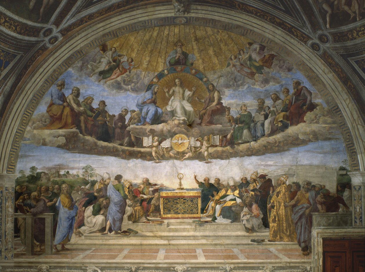 A disputa do Santíssimo Sacramento, da Stanza della Segnatura, 1509-10 de Raffaello Sanzio Raphael