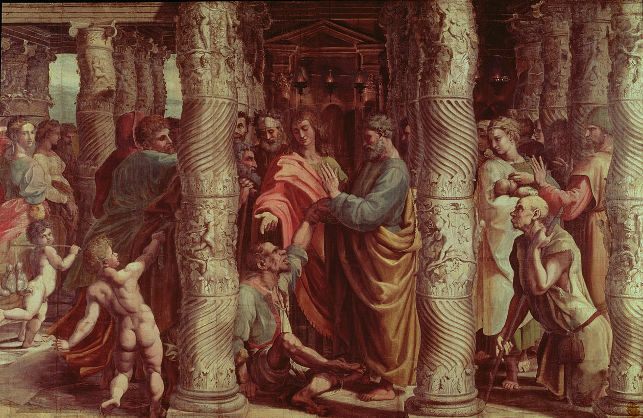 A cura do homem coxo (desenho para a Capela Sistina) (PRÉ RESTAURAÇÃO) de Raffaello Sanzio Raphael