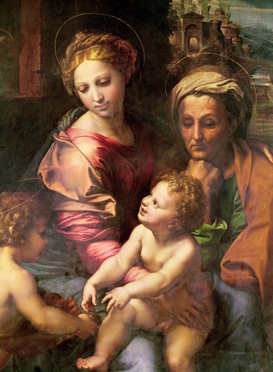 A Sagrada Família (ou A Pérola), detalhe: a Virgem, Santa Isabel e Criança, c.1518 (óleo sobre madeira) de Raffaello Sanzio Raphael
