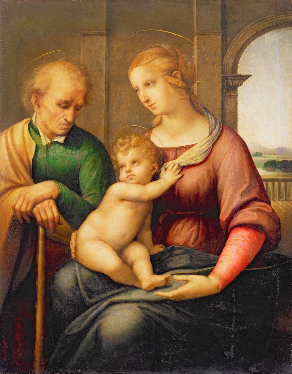 A Sagrada Família, ou Madonna com o Joseph sem barba, c.1506 (têmpera e óleo sobre tela transferidos do painel) de Raffaello Sanzio Raphael
