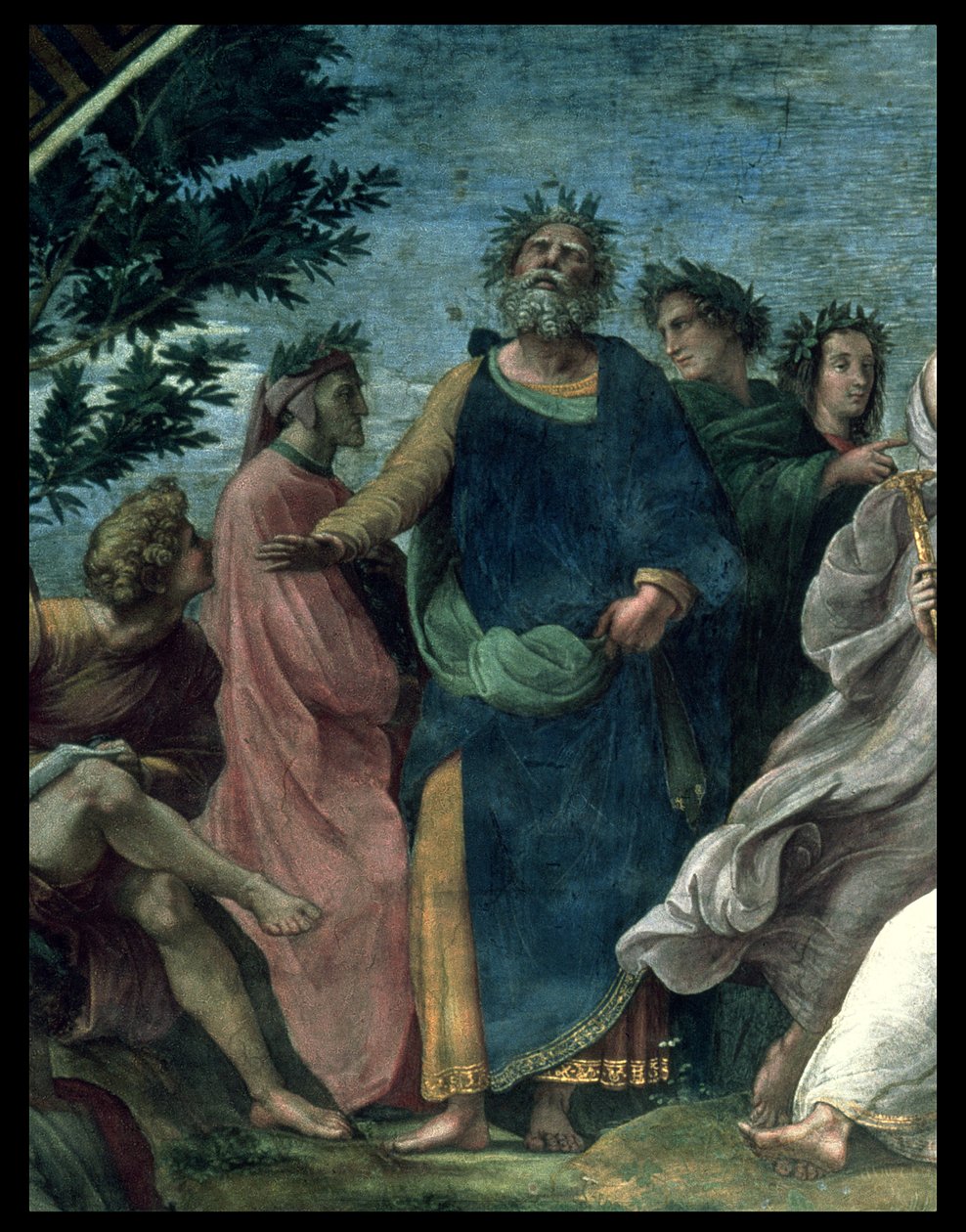 O Parnaso, detalhe de Homero, Dante e Virgílio, na Stanze della Segnatura, 1510-11 de Raffaello Sanzio Raphael