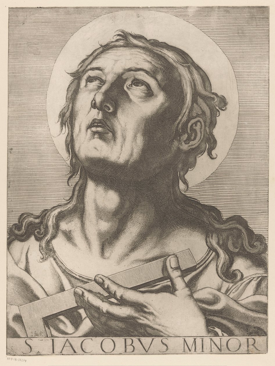 Heilige Jakobus de Mindere São Tiago Menor (título no objeto) Cristo, Maria en de twaalf apostelen (título da série) O Sagrado Colégio Apostólico (título da série) de Raffaello Schiaminossi