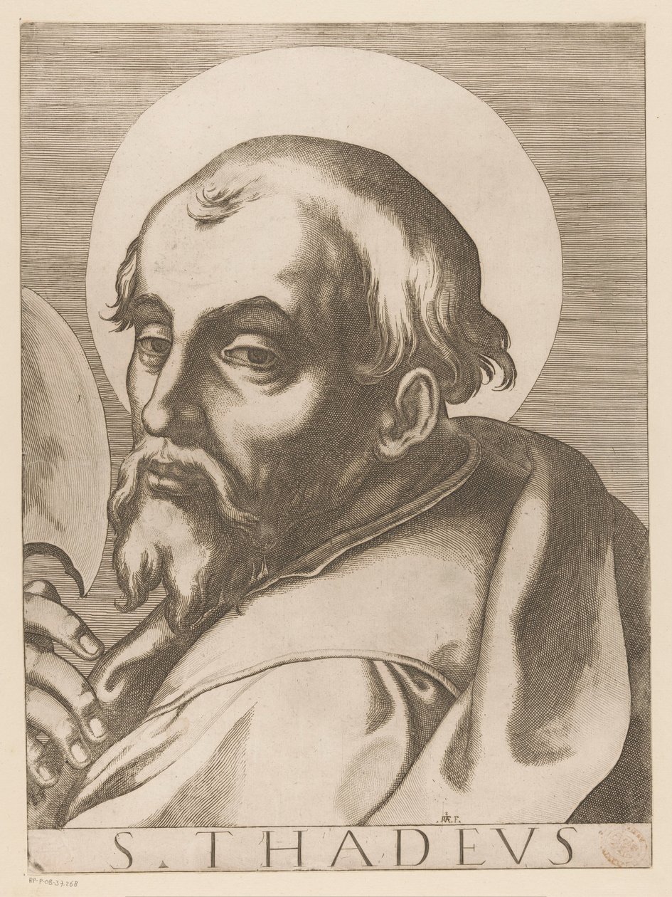 Heilige Judas Taddeüs
S. Thadeus (título sobre o objecto)
Christus, Maria en de twaalf apostelen (título da série)
Il sacrato collegio apostolico (título da série) de Raffaello Schiaminossi