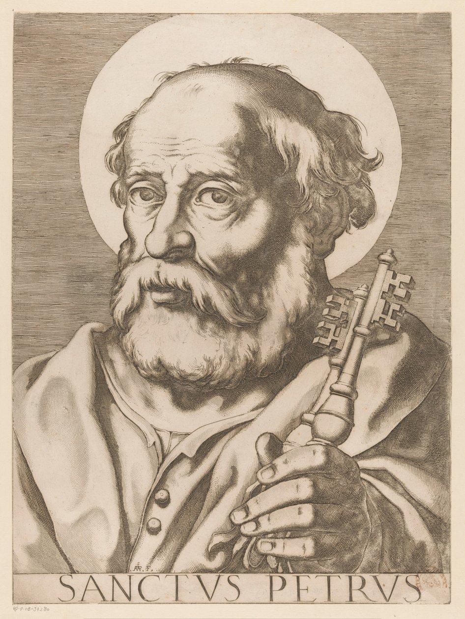 Heilige Petrus
Sanctus Petrus (título sobre o objecto)
Christus, Maria en de twaalf apostelen (título da série)
Il sacrato collegio apostolico (título da série) de Raffaello Schiaminossi