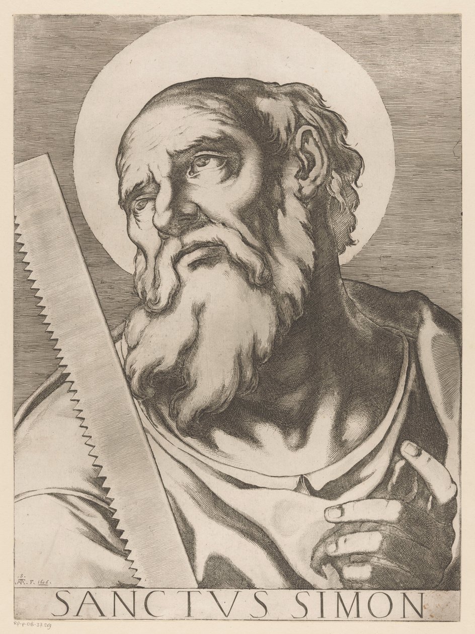 Heilige Simon Zelotes São Simão (título no objeto) Cristo, Maria en de twaalf apostelen (título da série) O Sagrado Colégio Apostólico (título da série) de Raffaello Schiaminossi