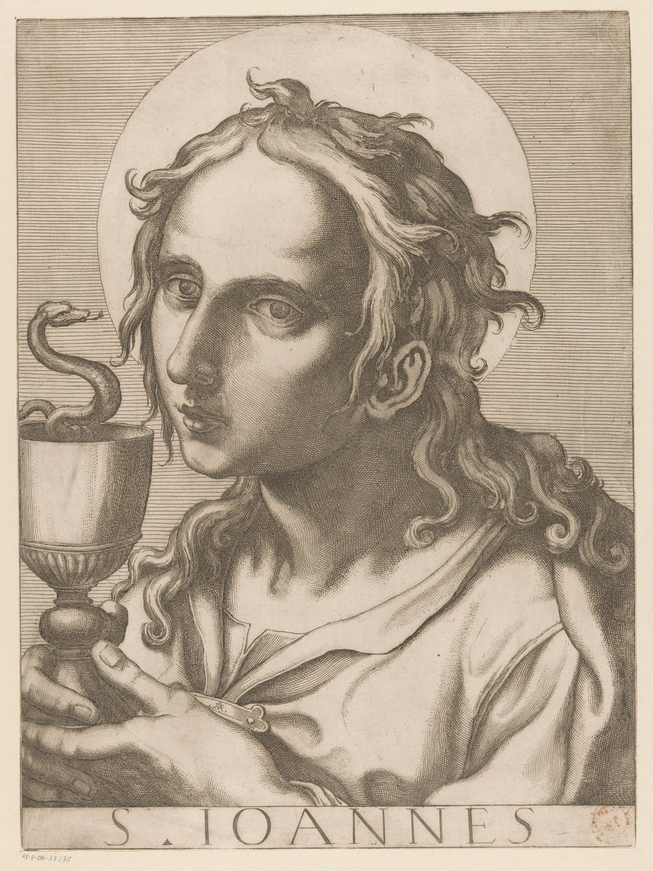 João, o Evangelista
S. Ioannes (título sobre o objecto)
Cristo, Maria e os doze apóstolos (título da série)
Il sacrato collegio apostolico (título da série) de Raffaello Schiaminossi