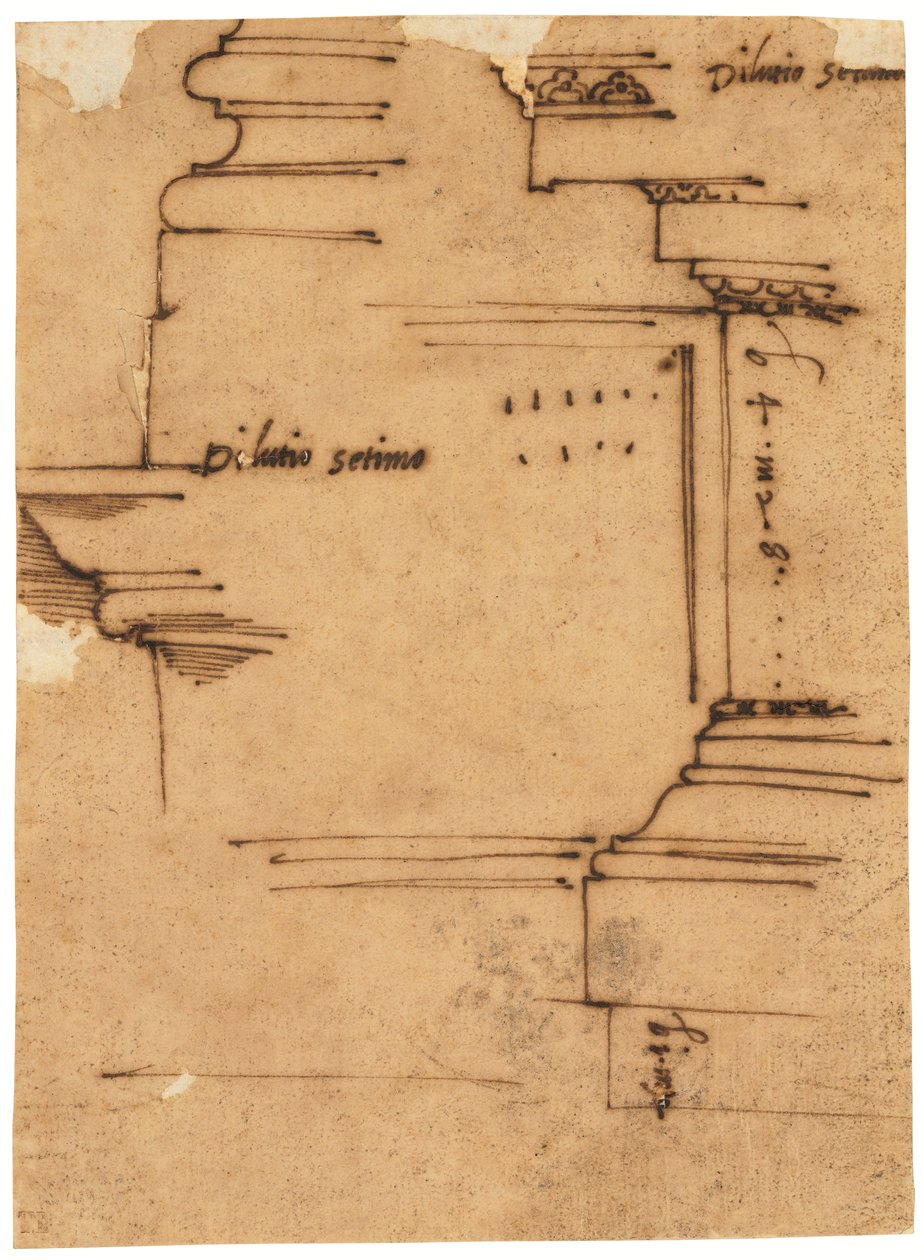 Esboço do entablamento principal do Arco de Septímio Severo, Roma (caneta e tinta castanha, sobre papel vegetal oleado) de Raffaello da Montelupo