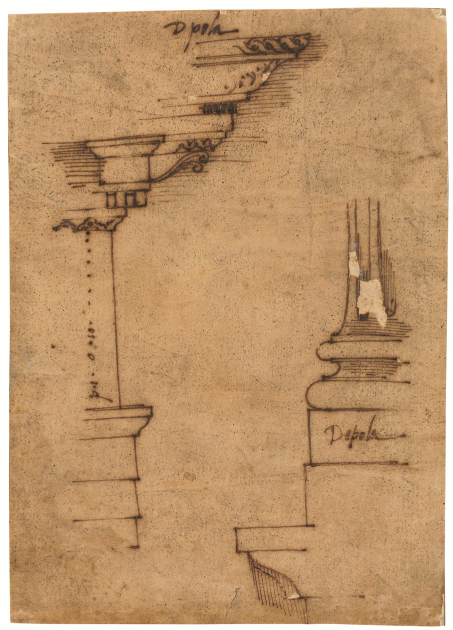 Desenho de um entablamento e da base de um pedestal (caneta e tinta castanha, sobre papel vegetal oleado) de Raffaello da Montelupo