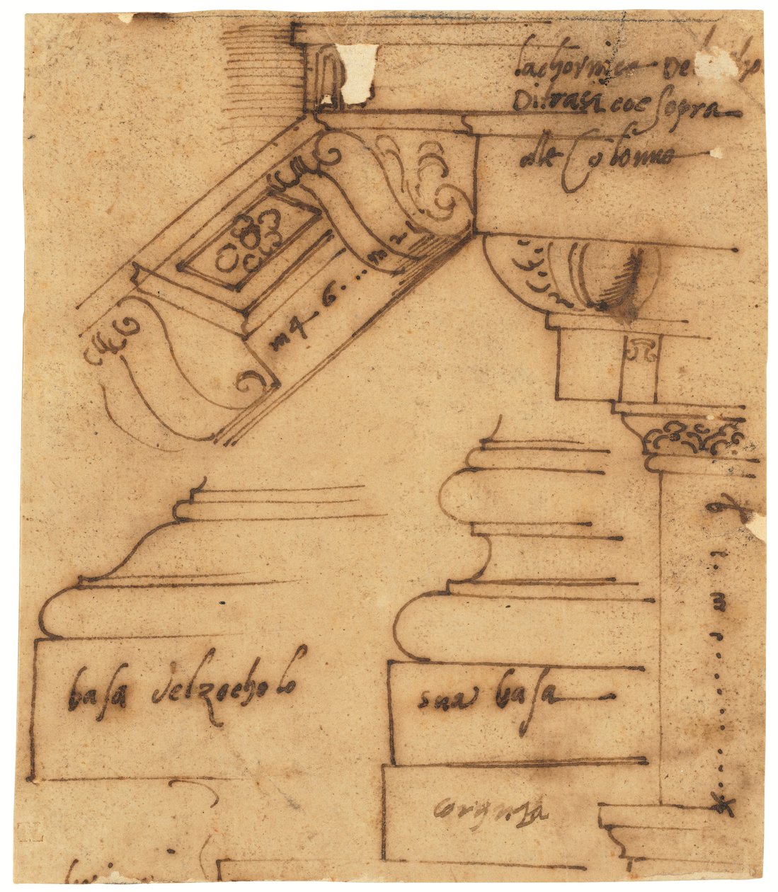 Esboços de vários elementos do Arco de Constantino, Roma (caneta e tinta castanha, sobre papel vegetal oleado) de Raffaello da Montelupo