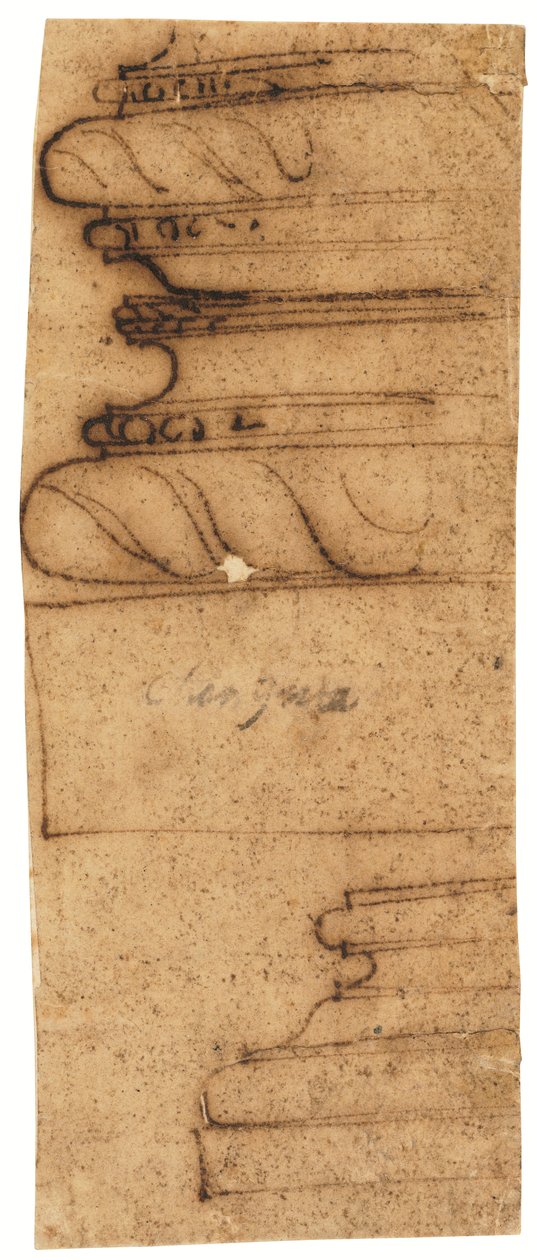 Dois fragmentos de arquitetura (caneta e tinta castanha, sobre papel vegetal oleado) de Raffaello da Montelupo