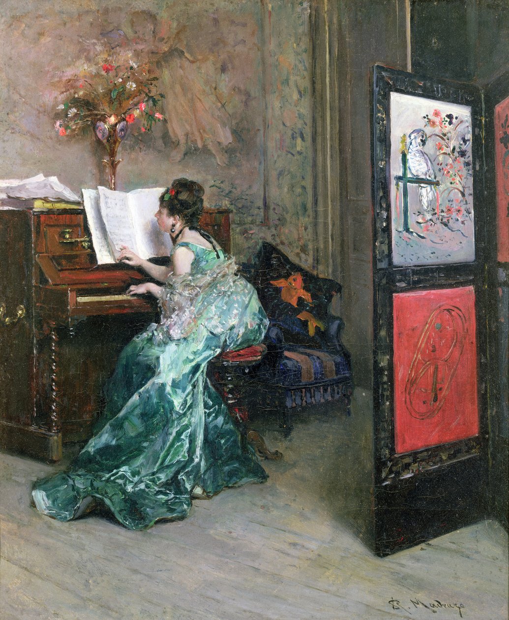 Senhora tocando piano em um interior de Raimundo de Madrazo y Garreta