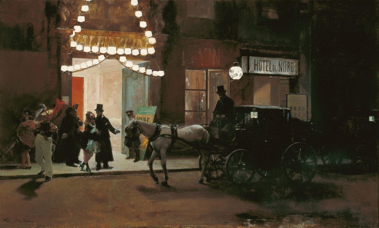 Saindo do Baile de Máscaras - Madrazo y Garreta, Raimundo de (1841-1920) - ca 1885 - Óleo sobre madeira - 49x80,5 - Museo Carmen Thyssen, Málaga de Raimundo de Madrazo y Garreta