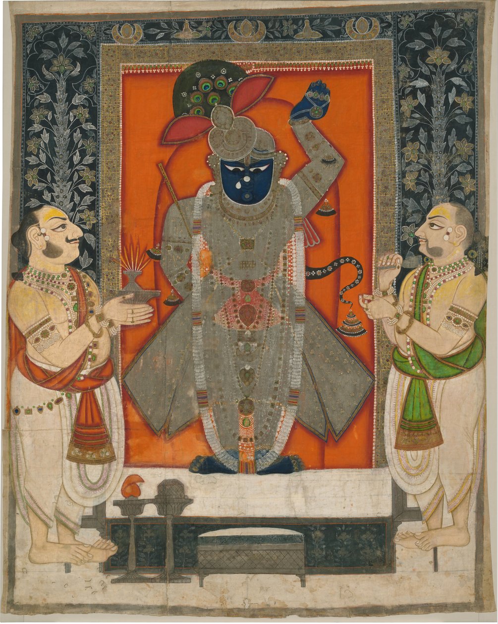 Sacerdotes que adoram Krishna como Shrinathji para o festival da Montanha da Comida [Annakuta utsava]; santuário suspenso [pichhavai] de Rajasthan Kota school