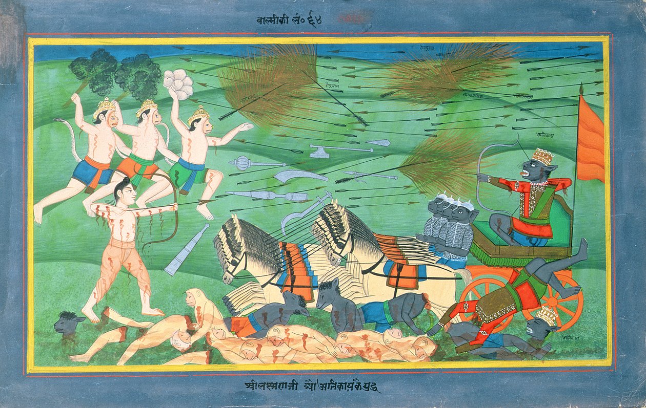 A Batalha de Lanka, entre Rama e Ravana, Rei dos Rakshasas, do Ramayana, início do século XIX (wc no papel) de Rajasthani School