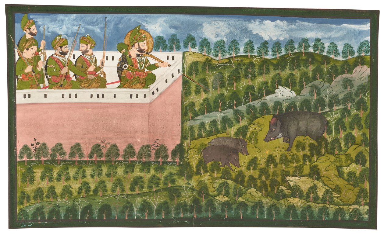 Uma pintura de Maharana Jawan Singh (r.1821-38) a caçar javalis de Rajasthani School