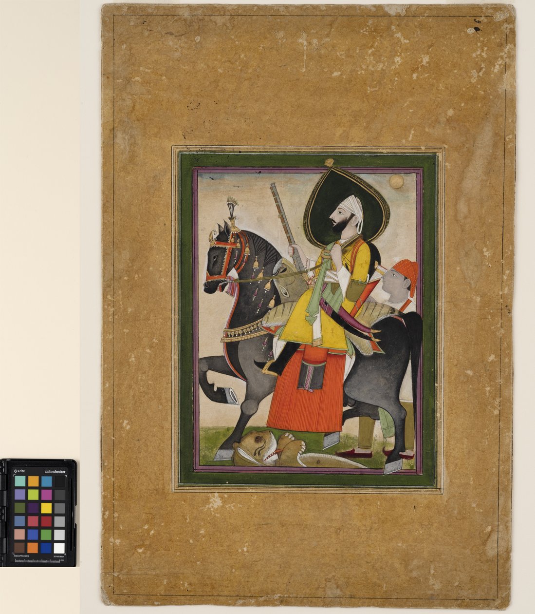 Bakhtawar Singh conquista um leão, c.1800 (aquarela opaca e ouro no papel) de Rajasthani School