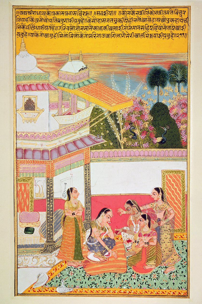 Mulher morrendo as palmas das mãos, de Bundi, 1800 (wc no papel) de Rajasthani School