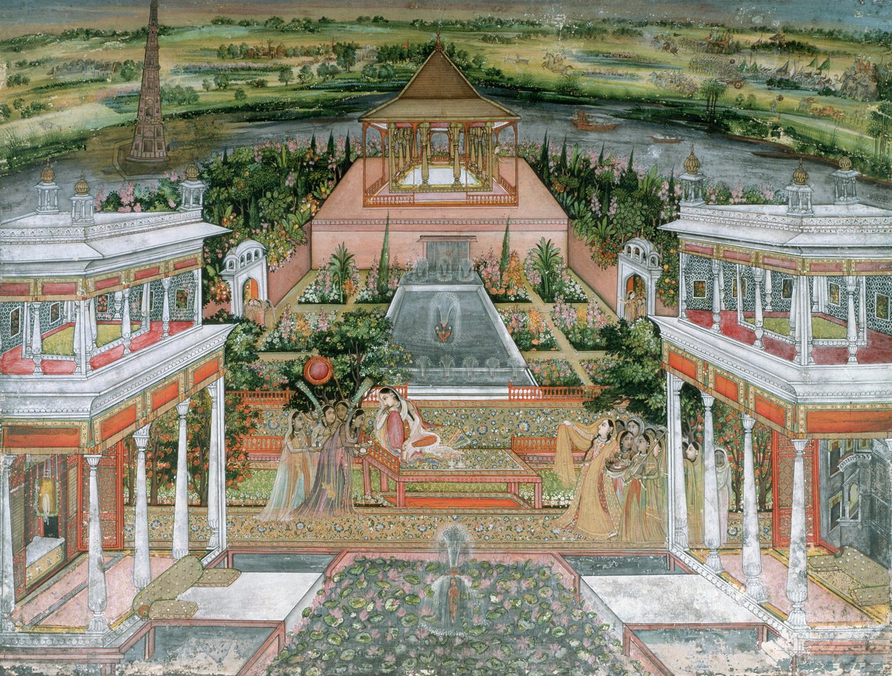 Uma princesa mogol sendo entretida por atendentes do sexo feminino em um jardim do palácio em Rajasthan, 1700 (wc e guache no papel) de Rajput School
