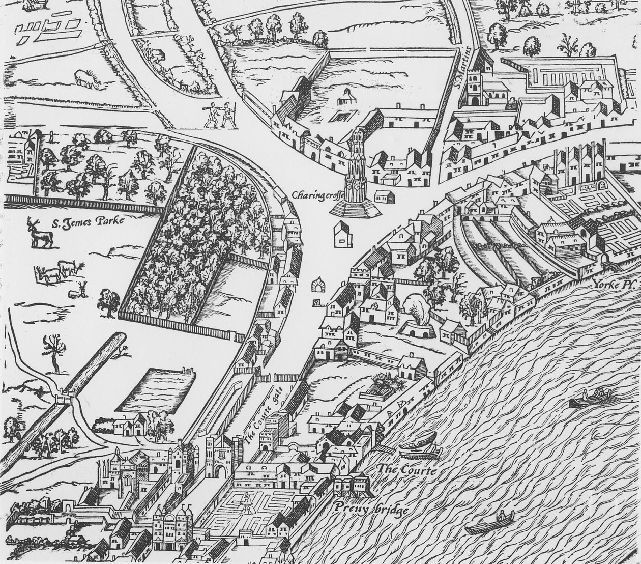 Detalhe da Charing Cross de Civitas Londinium (impressão em xilogravura) de Ralph Agas