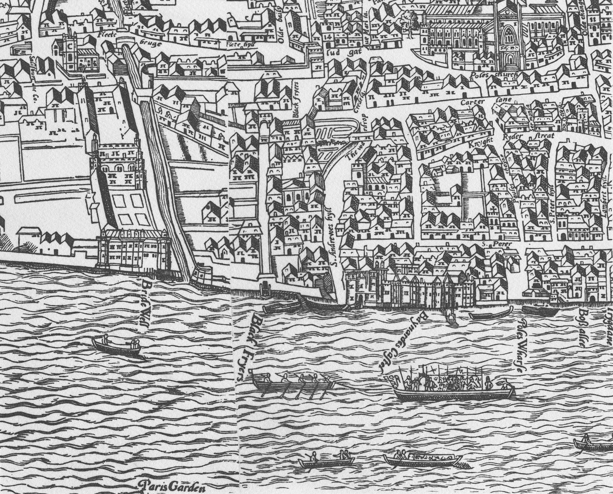 Detalhe, de, rio thames, e, st, pauls, catedral, de, Civitas, Londinium, woodblock, impressão de Ralph Agas